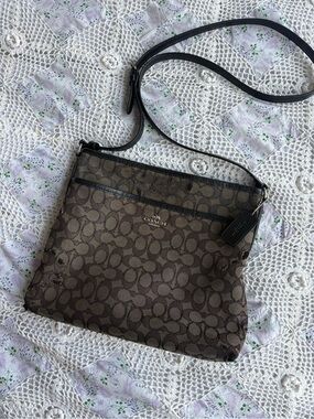 Coach black & gray signature monogram crossbody bag